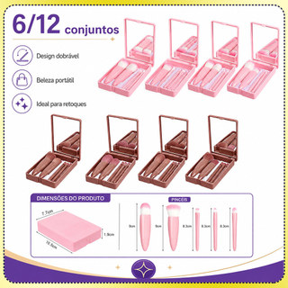 6/12x Kit de pincéis de maquiagem para viagem espelho dobrável espelho de bolso mini estojo pincel de maquiagem portátil