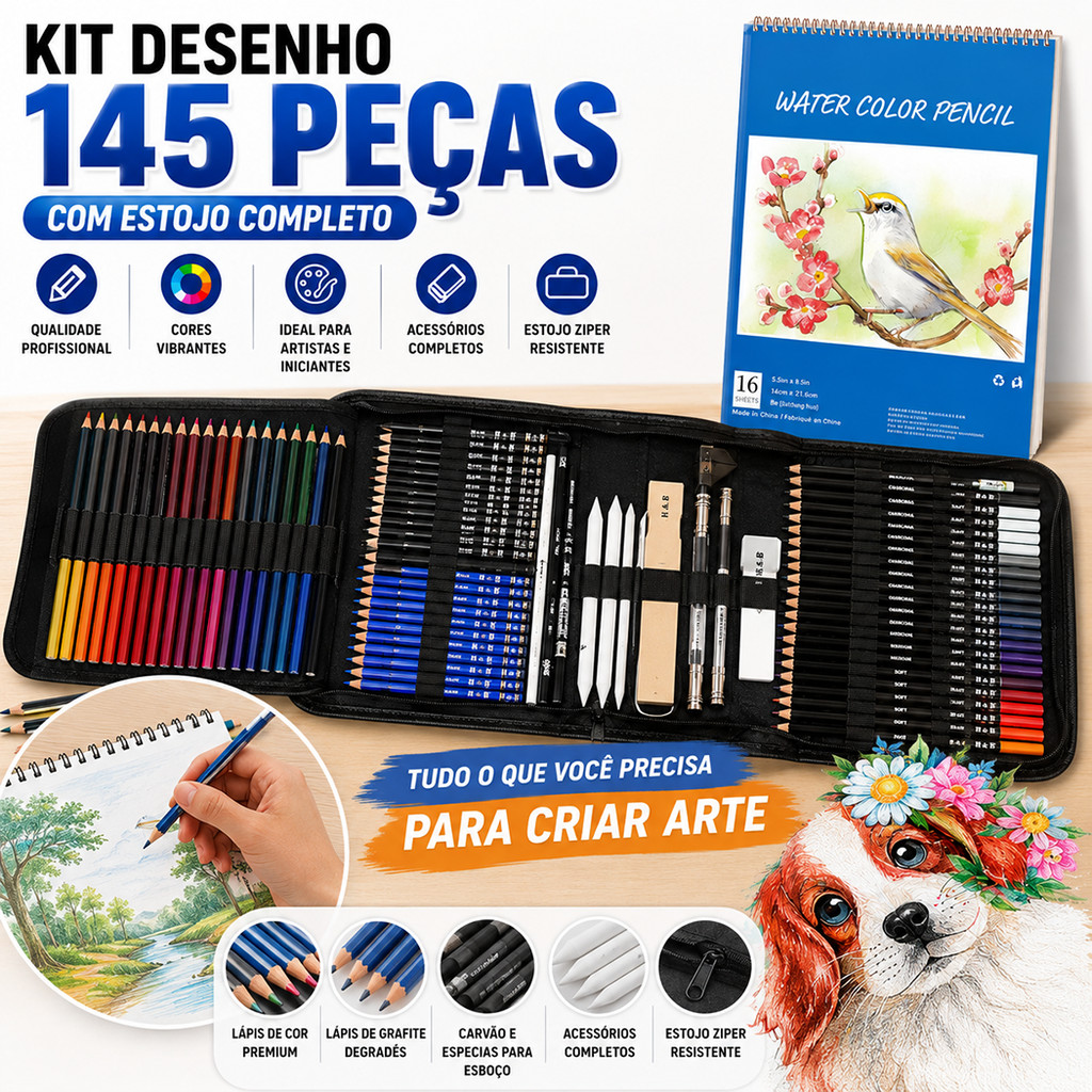 Kit 145/24 Desenho Profissional Estojo Lápis Esboço Arte Para