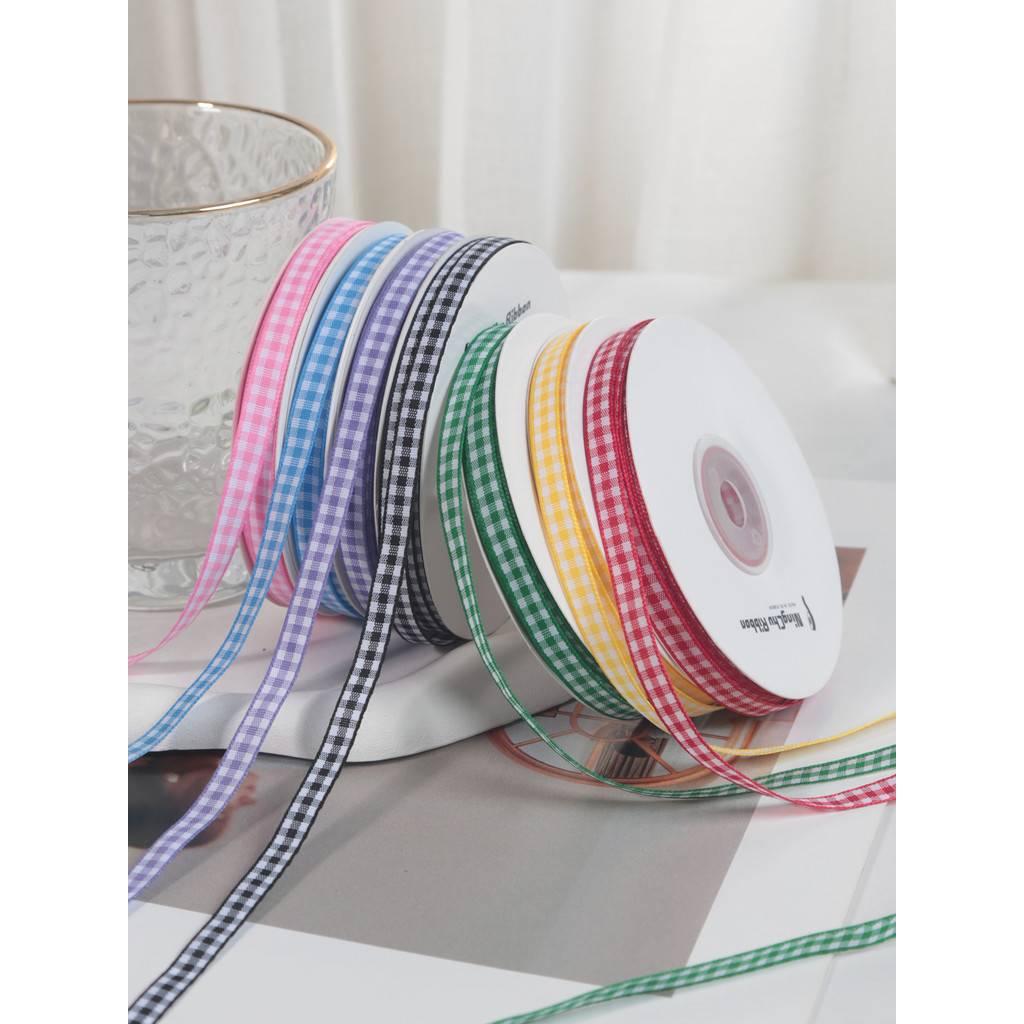 6mm xadrez diy artesanal arco roupas fita fita fita caixa de presente de casamento embalagem buquê de cozimento