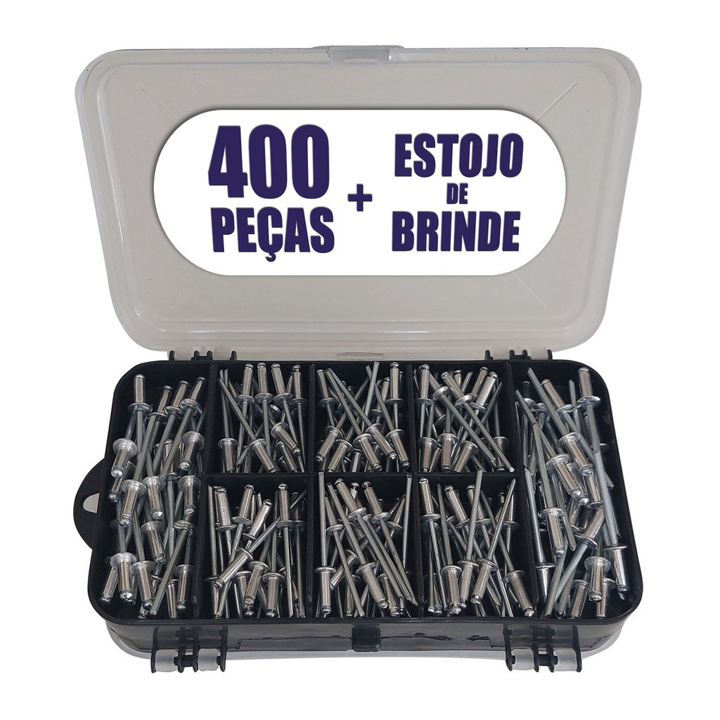 Kit 400 Rebites + Estojo Organizador Dupla tampa + Brocas