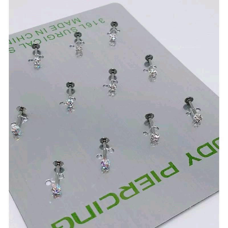Cartela de Piercing Labret Queixo 8mm Bolinha Com Mini Strass Cristal e Furta-Cor Aço Prata 12 Unidades
