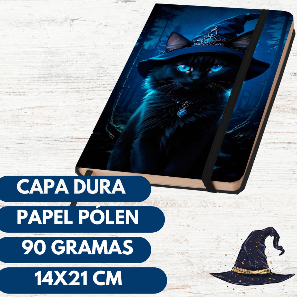 Gato Bruxo – Tipo Moleskine 14×21 cm | Miolo pautado, sem pauta ou pontilhado