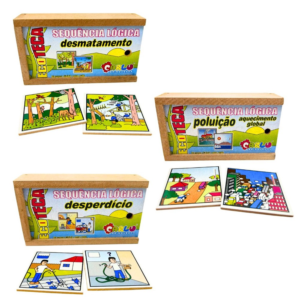 Kit 3 Sequência Lógica Meio Ambiente Poluição Desmatamento Desperdício Brinquedo Educativo - Carlu
