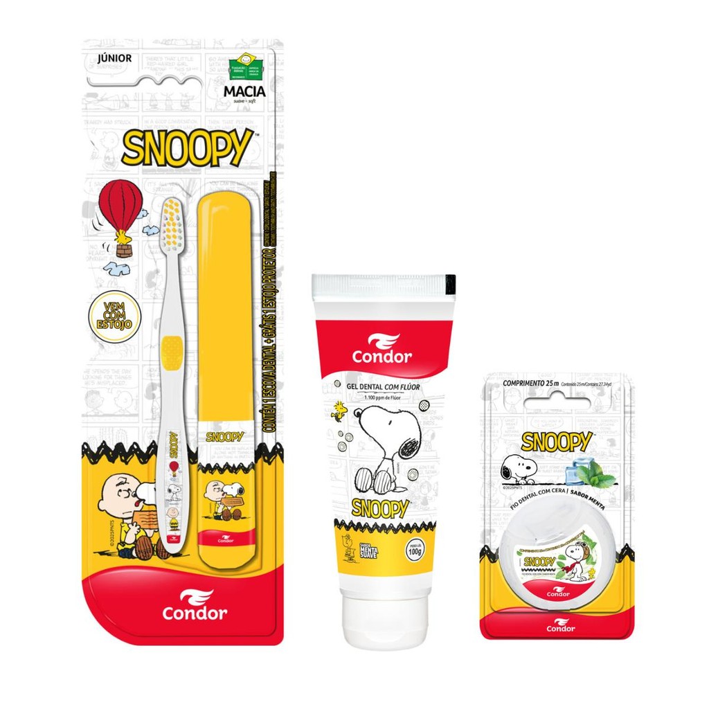 Kit Escova Dental Macia Júnior + Gel Dental + Fio Dental Snoopy Condor em Oferta na Shopee