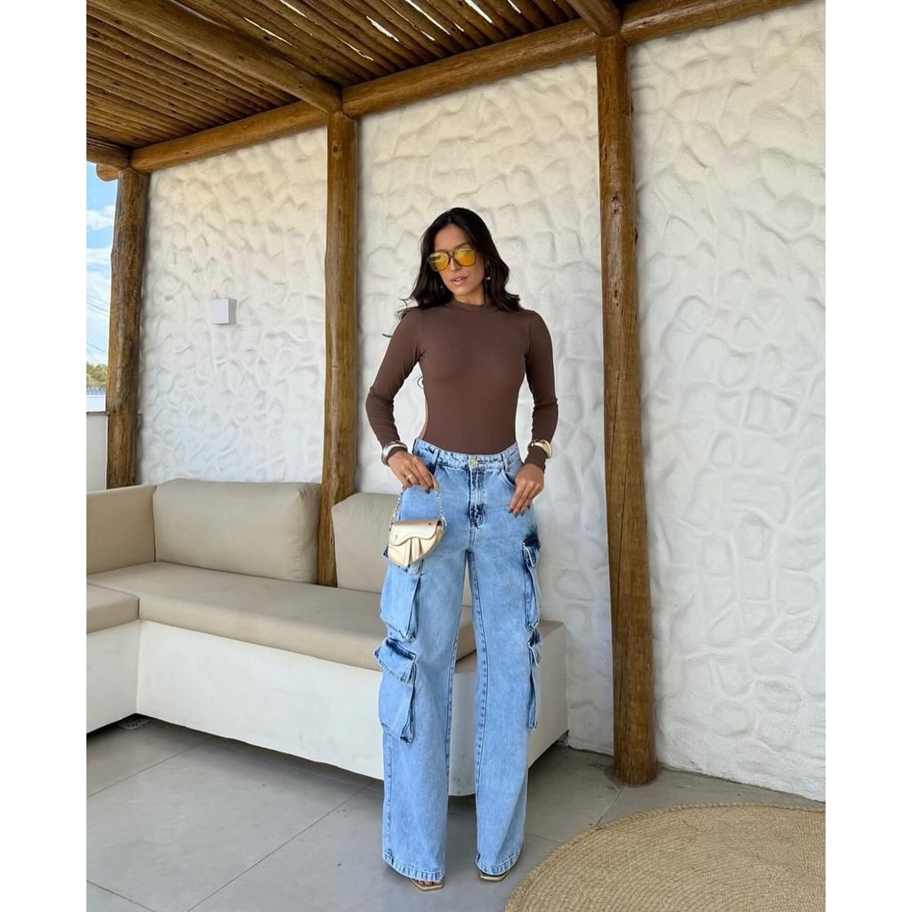 Calça Jeans Feminina Cargo Levanta Bumbum Cintura Alta Cidar