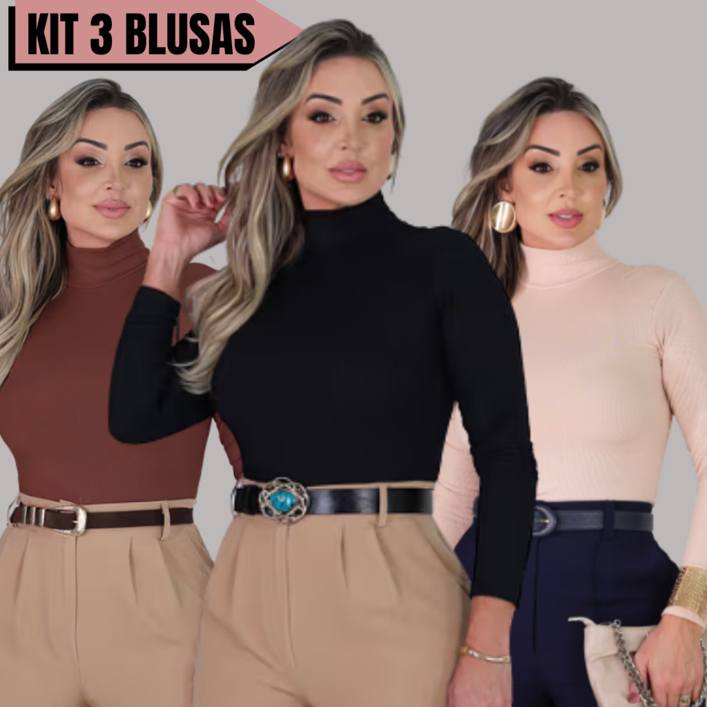 Kit 3 Blusas Feminina Segunda Pele Gola Alta Cacharrel Canelada Manga Comprida  Blusa de Frio