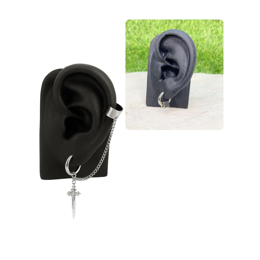 Brinco Argola 10mm Prata Corrente Espada Adaga Clip Piercing Pressão Cartilagem Aço Inox Unissex