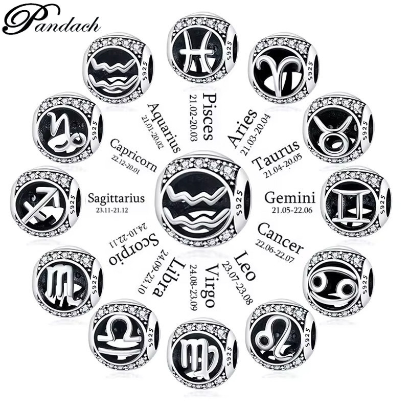 Contas de prata redondas de prata S925 com 12 constelações compatíveis com pulseiras, presentes requintados de joias de em Oferta na Shopee