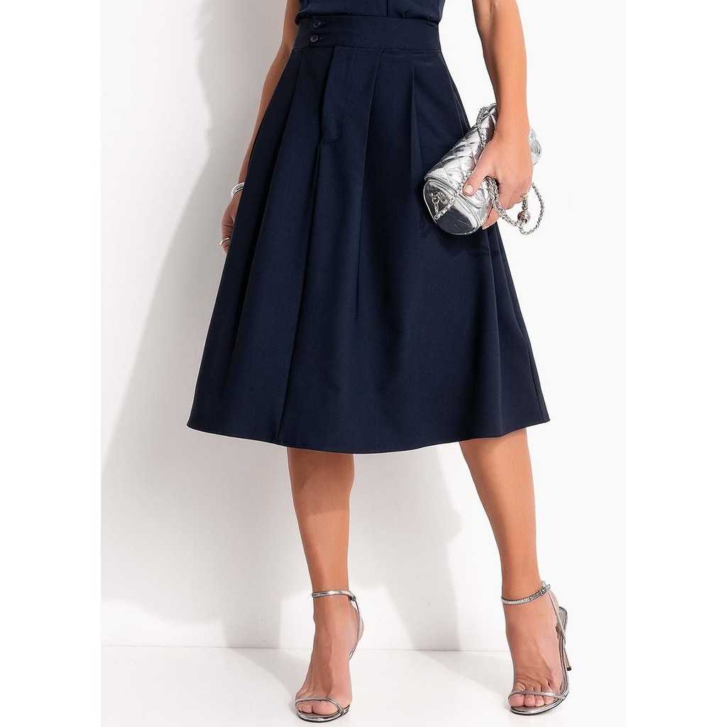 Saia Em Crepe Plano Azul Marinho Quintess em Oferta na Shopee
