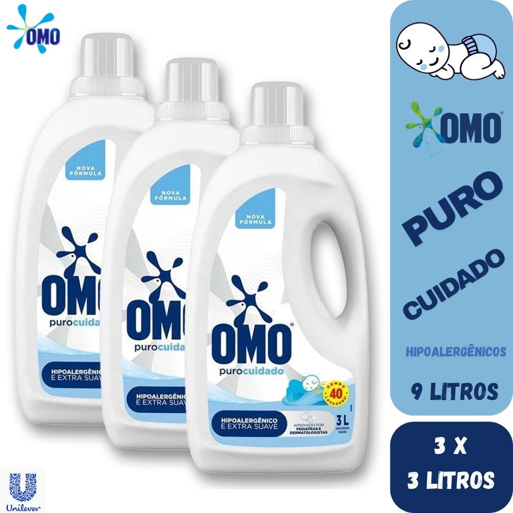 Kit 3 Lava Roupas Líquido Omo hipoalergênico Roupas Finas de Bebê Puro Cuidado 3 Lts