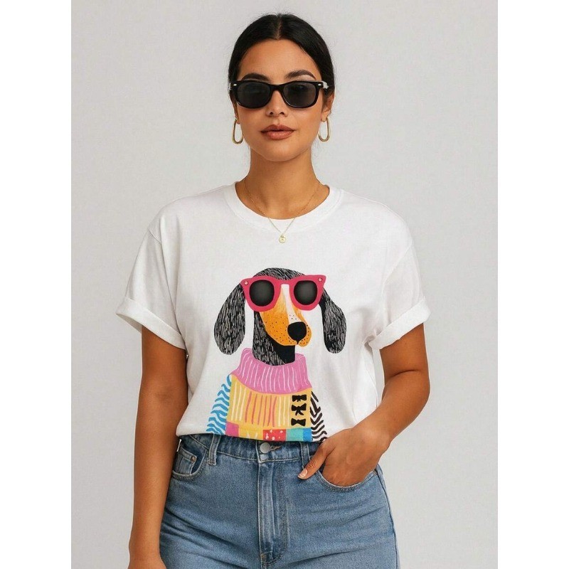 Camiseta T-Shirt Verão Feminino Cachorro Roupa Colorida Fofa Camisa 100% Algodão Gola Premium em Oferta na Shopee