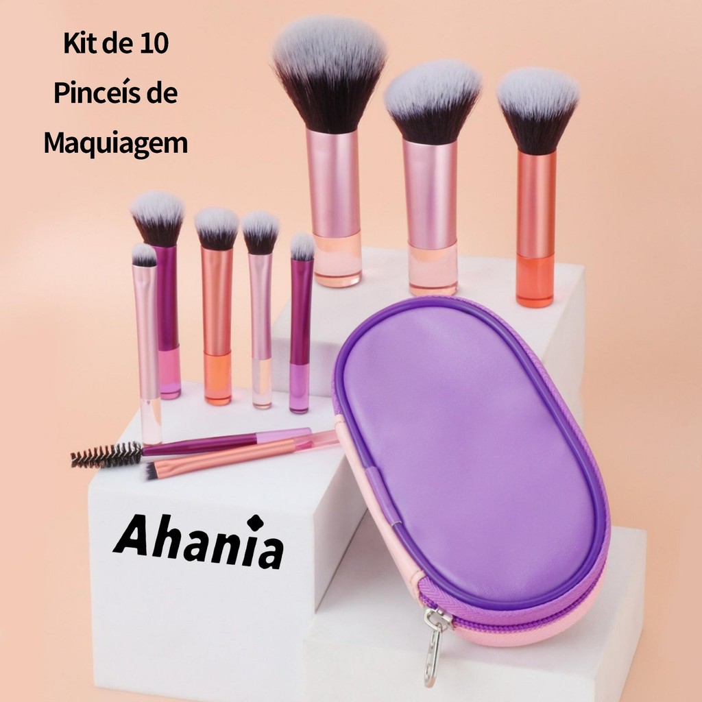 Kit de 10 Pincéis de Maquiagem Mini Profissional Multi-funcional Portátil para Viagem com Estojo Cor Rosa Lilas