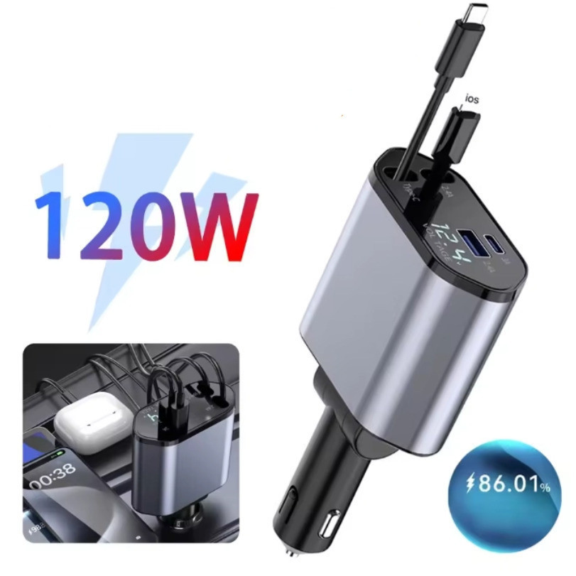 Carregador de carro retrátil carregador rápido de para carro 4 em 1 para iPhone/Android