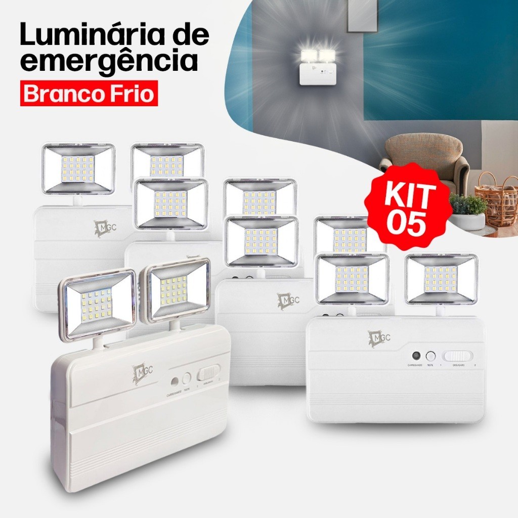 Kit 5 Luminária de Emergência 40 LEDs Bivolt Recarregável Luz Fria Portátil 2 Farol Ajustáveis