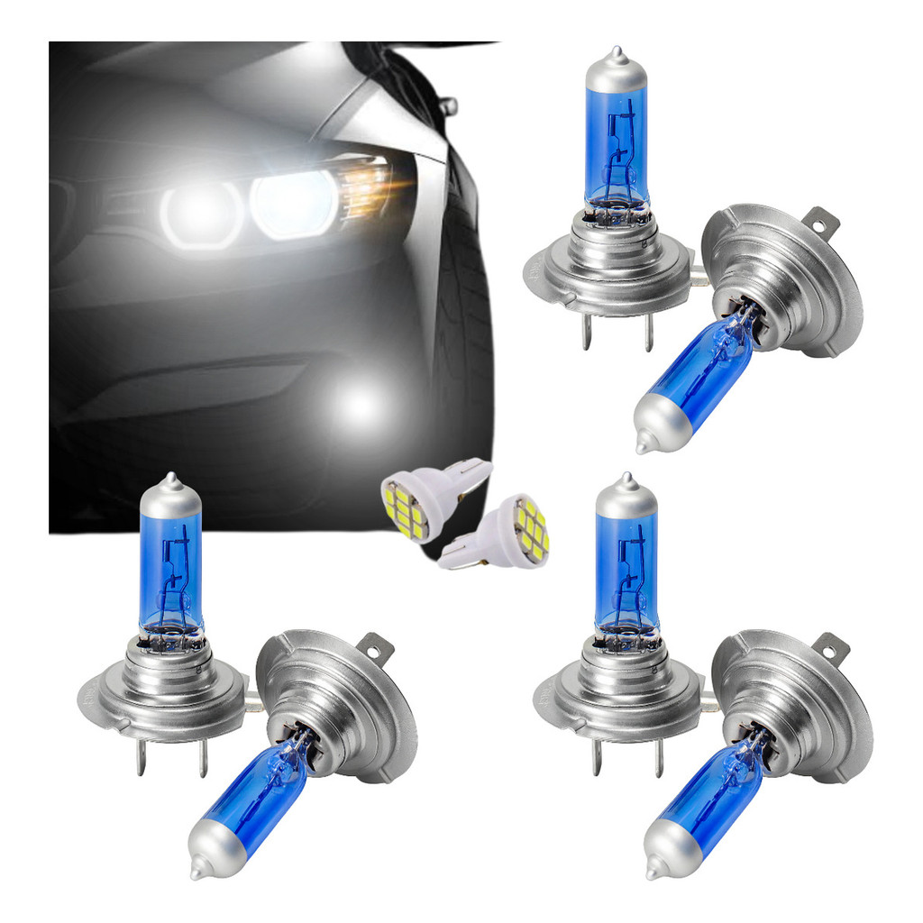 Kit 6 Lampadas Super Branca Farol E Milha H1 H7 H27 T10
