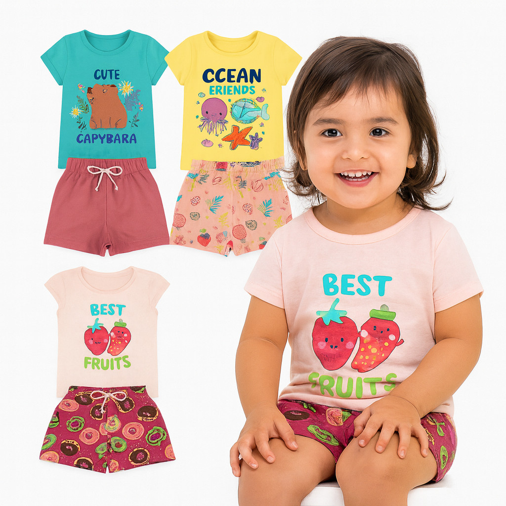 Kit 6 Peças Roupa Infantil de Menina Verão Conjunto de Verão Bebê Menina Manga Curta e Shorts Infantil Feminino