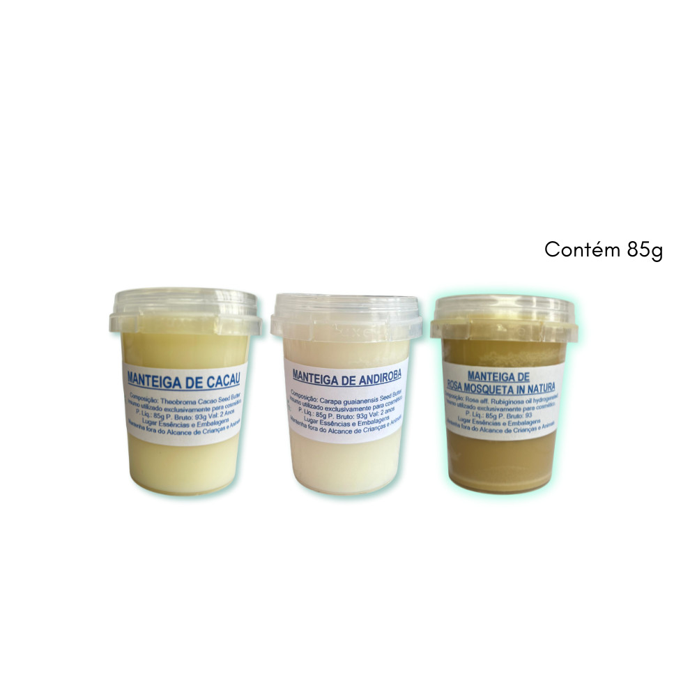Kit 03 Manteigas Vegetais 85g Andiroba, Cacau e Rosa Mosqueta - Uso Cosmético