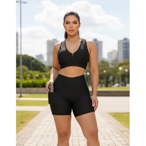 Short Top Conjunto Feminino Academia Vestir Leve Duplo Bolso Fit