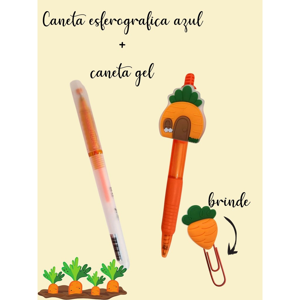 Kit abacaxi e cenoura caneta esferografica + caneta gel + clips fofura papelaria fofa opção de presente legal