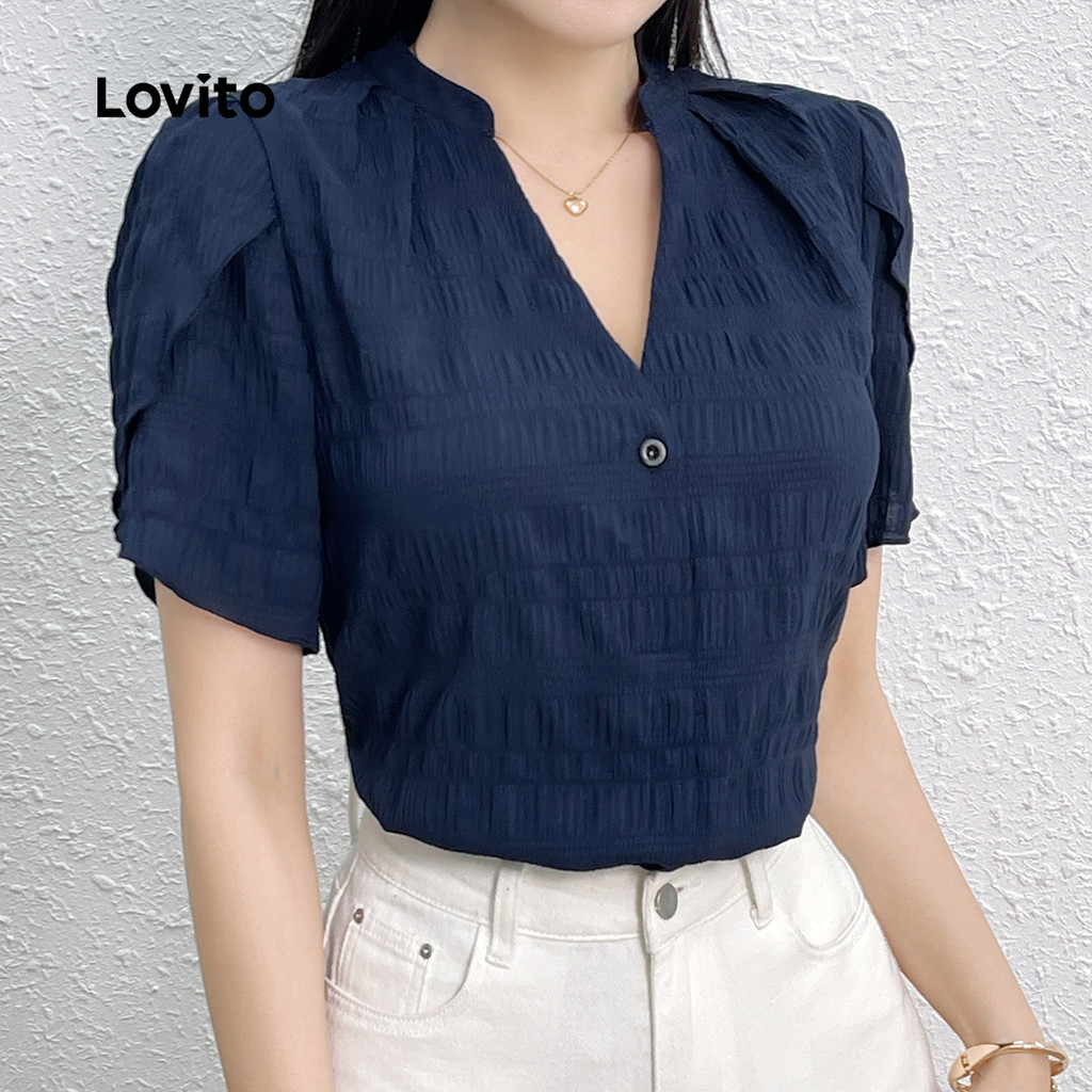 Detalhes do Lovito Blusa Elegante de Jacquard Primavera/verão Blusa Azul Marinho para Mulheres L150ED716