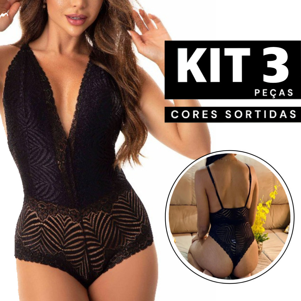 Kit 3 ou 2 Body Feminino Rendado sem Bojo Decote em V Profundo Bory de Renda Sensual Confortável