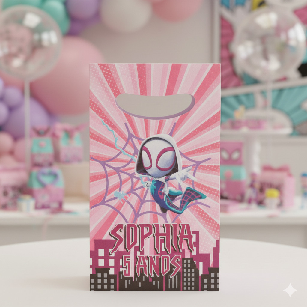 Sacolinhas Mulher Aranha Gwen Rosa -  Lembrancinha Surpresa - Festa Aniversário -  PEGUE E MONTE em Oferta na Shopee