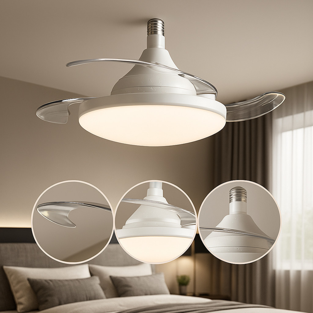 Ventilador De Teto Retrátil 120W Forte Lâmpada 3 Cores E27 Silencioso Bivolt Com Controle VT Economia 80% energia Quarto