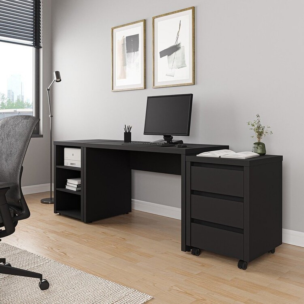 Escrivaninha Mesa Escritório com Gaveteiro com Rodízio e Prateleiras Ficus 120cm CabeCasa MadeiraOriginals Preto Preto