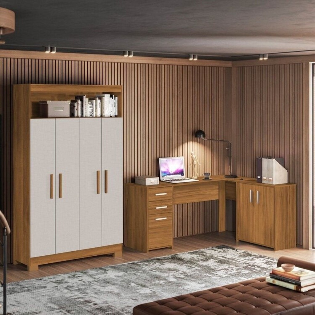 Kit para Escritório com 1 Mesa de Canto e Armário Multiuso 4 Portas com Nicho Freijó/Off White em Oferta na Shopee