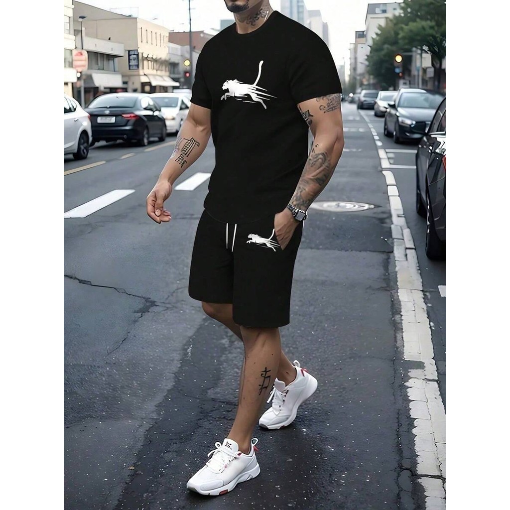 Kit Masculino Tigre Estampa Leão Camiseta 100% Algodão + Short Tactel Masculino Streetwear Verão Kit 2 Peças Lançamento
