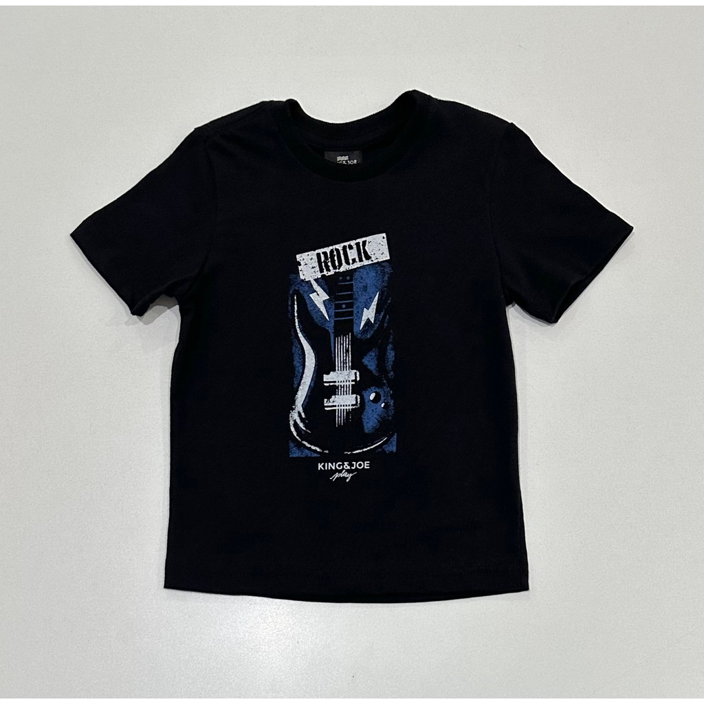 Camiseta Infantil King&Joe Rock Preta Guitarra Estampada Moda Casual Confortável Estilo Moderno Premium