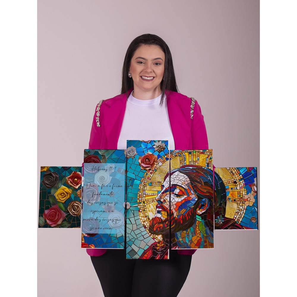 Quadro Decorativo Versículo Bíblico Hebreus 11:1 Fé Esperança Stained Glass Jesus Cristo Parede