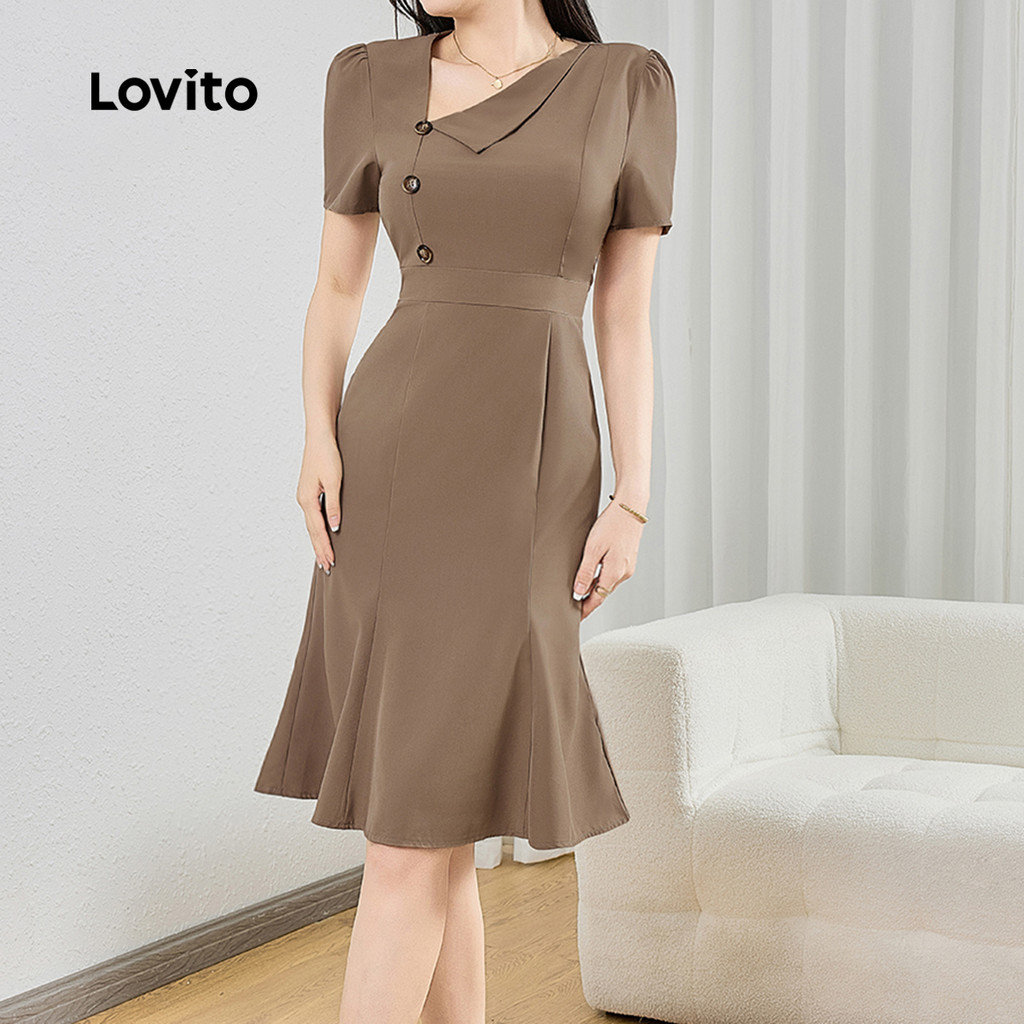 Lovito Vestido Elegante Cáqui Com Botões Assimétricos E Lisos Para Primavera/verão Para Mulheres L134ED428 em Oferta na Shopee