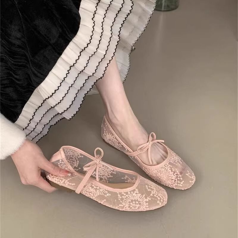 2026 novo estilo tamanho grande 41-42 branco sapatos de balé feminino 2026 Bowknot malha sapatos planos feminino fada oc