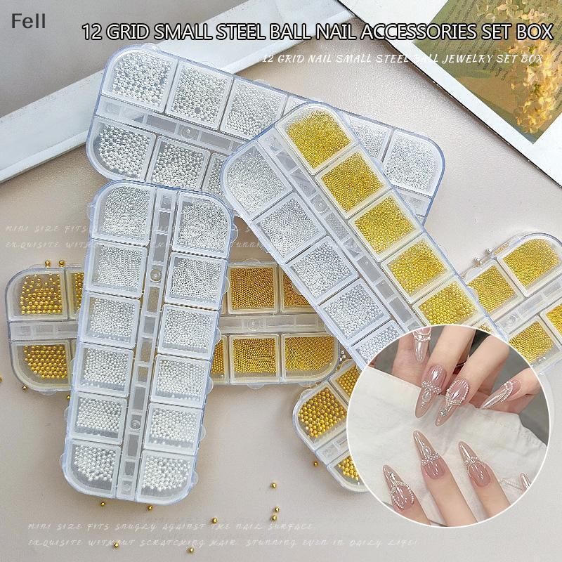 [Fel] 12 Grades Nail Art Pequenas Contas De Aço 0.6-2mm Tamanho Misto Design 3D Ouro Prata Joias Dicas De Manicure Charm