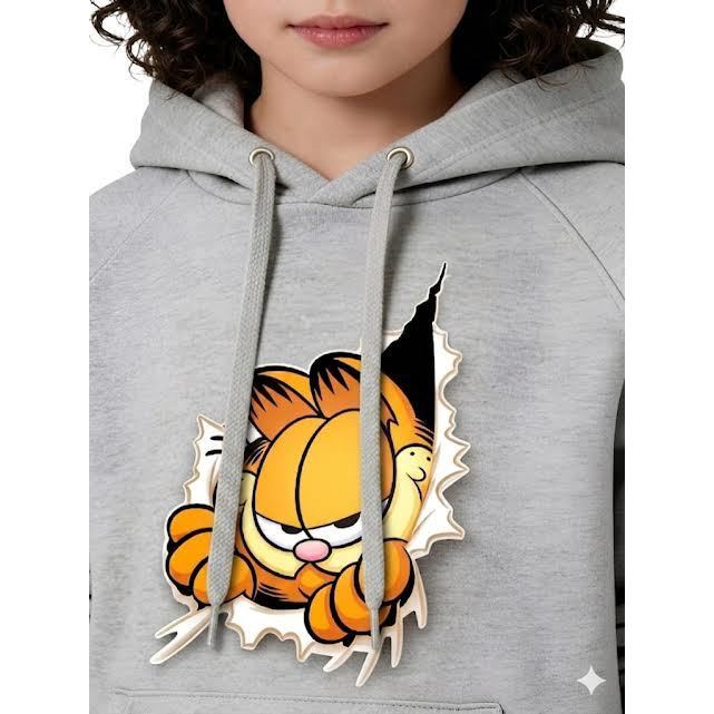 Moletom Flanelado Preto Infantil Masculino Feminino Personagem Gatinho Garfil  Streetwear Outono Inverno
