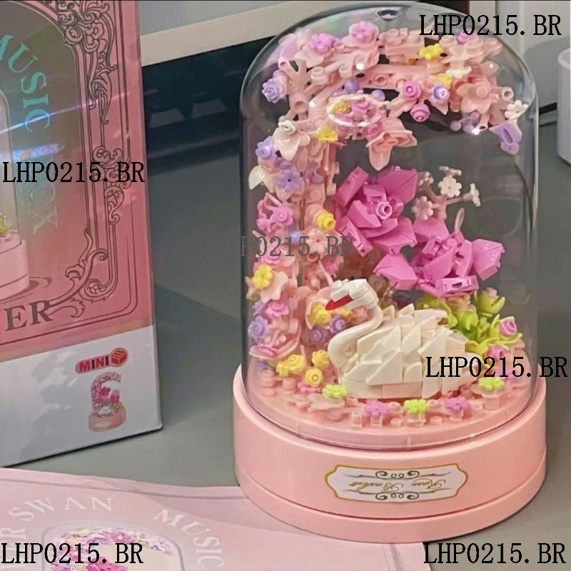 Blocos De construção Swan Rose Bouquet Planta em vaso Caixa De música rotativa Montagem De quebra-cabeça Menina Aniversá