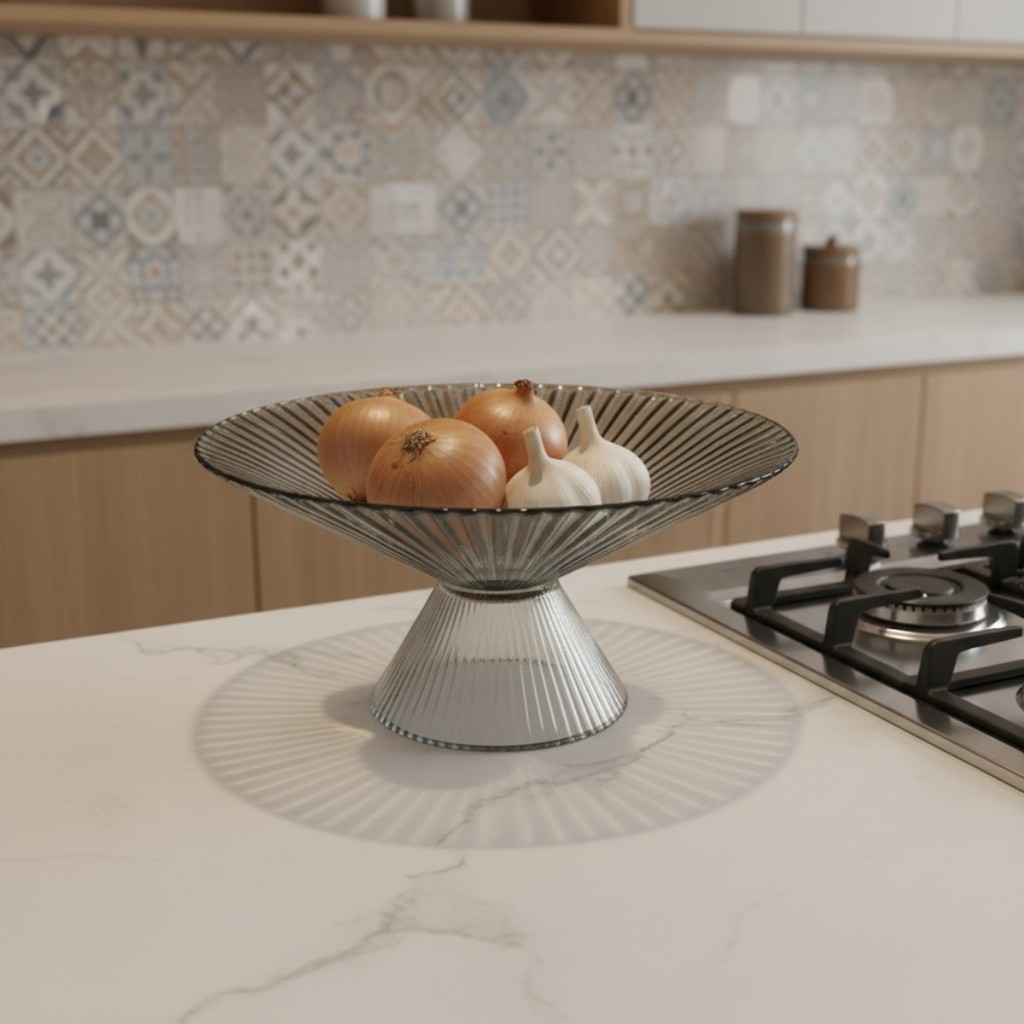 Fruteira Decorativa Vidro Fumê Canelado para Mesa Aparador Cozinha