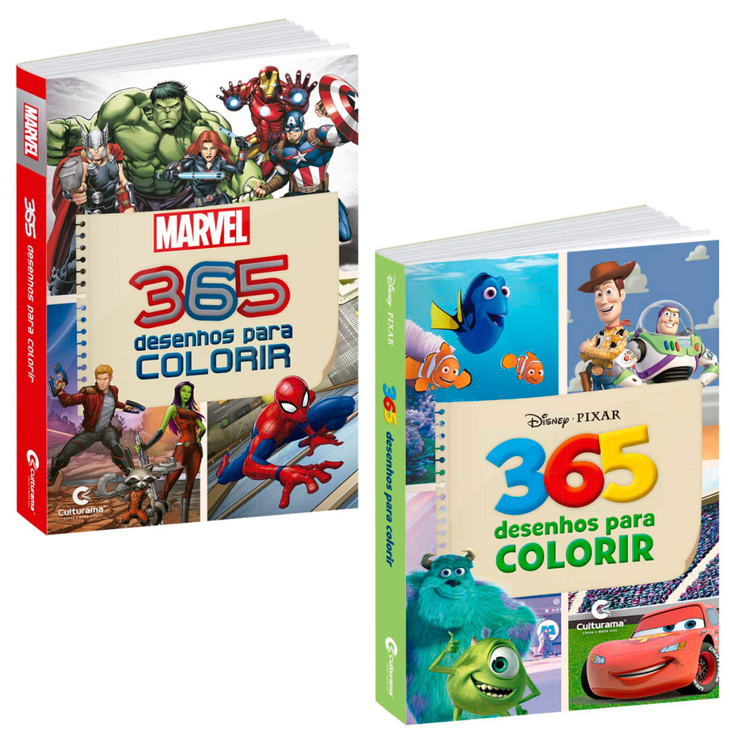 Kit 2 Livros 365 Desenhos Para Colorir Marvel e Disney Pixar