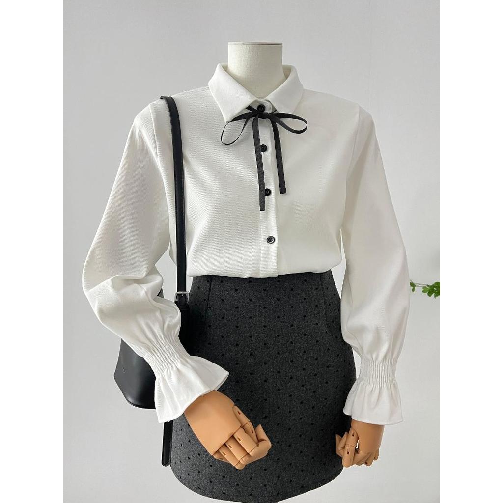 Camisa branca feminina estilo Preppy camisa interna 2025 primavera outono estilo coreano Bowknot pequena camisa doce man
