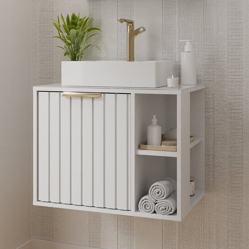 Gabinete para Banheiro 60cm com 1 Porta 2 Nichos e Cuba de Sobrepor Noruega Branco Branco