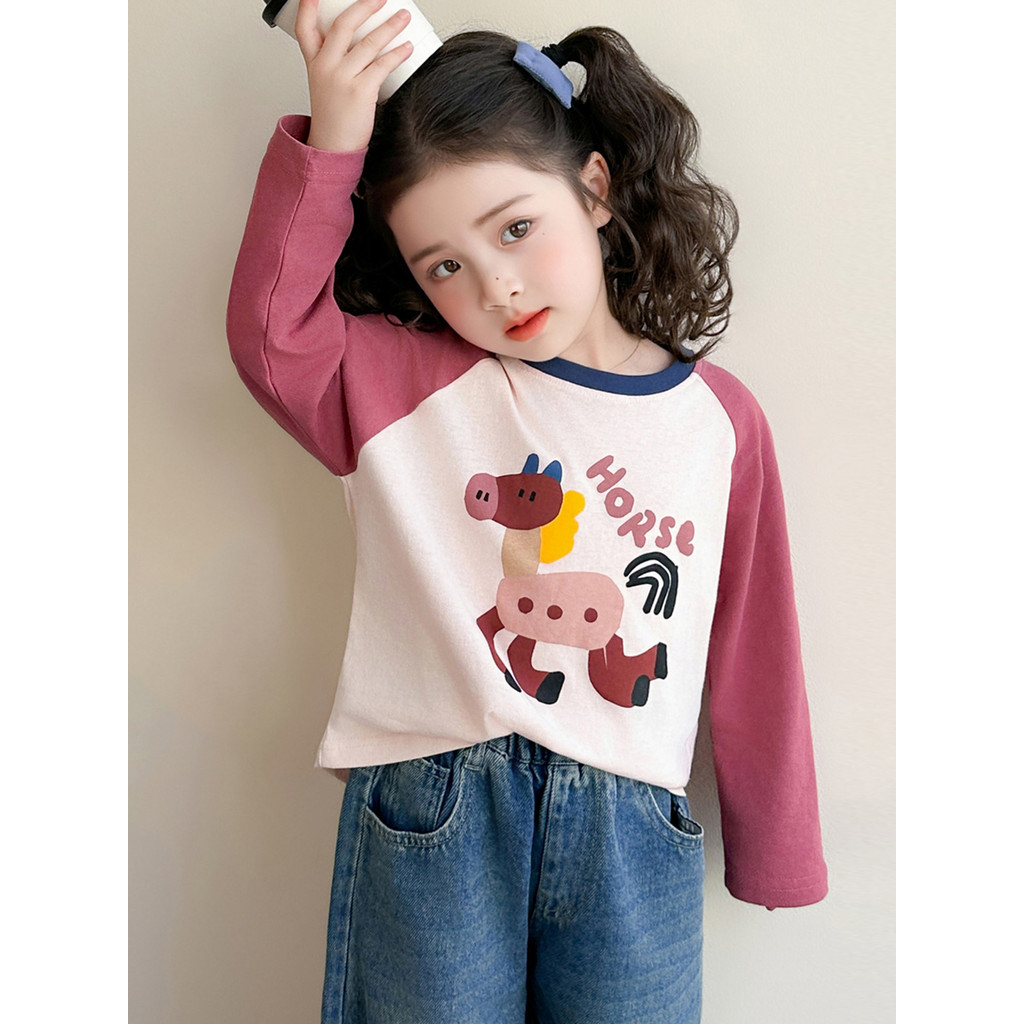 Meninas de manga comprida camiseta primavera roupas 2026 novo estilo moda crianças dos desenhos animados impresso topo m
