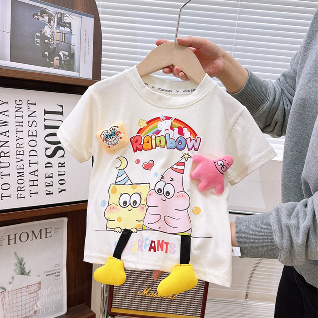 Marca verão crianças tridimensional penteado puro algodão de manga curta bebê All-Match dos desenhos animados camiseta M