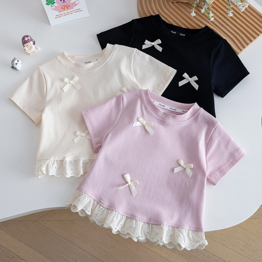 Meninas de manga curta menina bebê verão roupas infantis rosa branco manga curta renda respirável camiseta topo Bowknot
