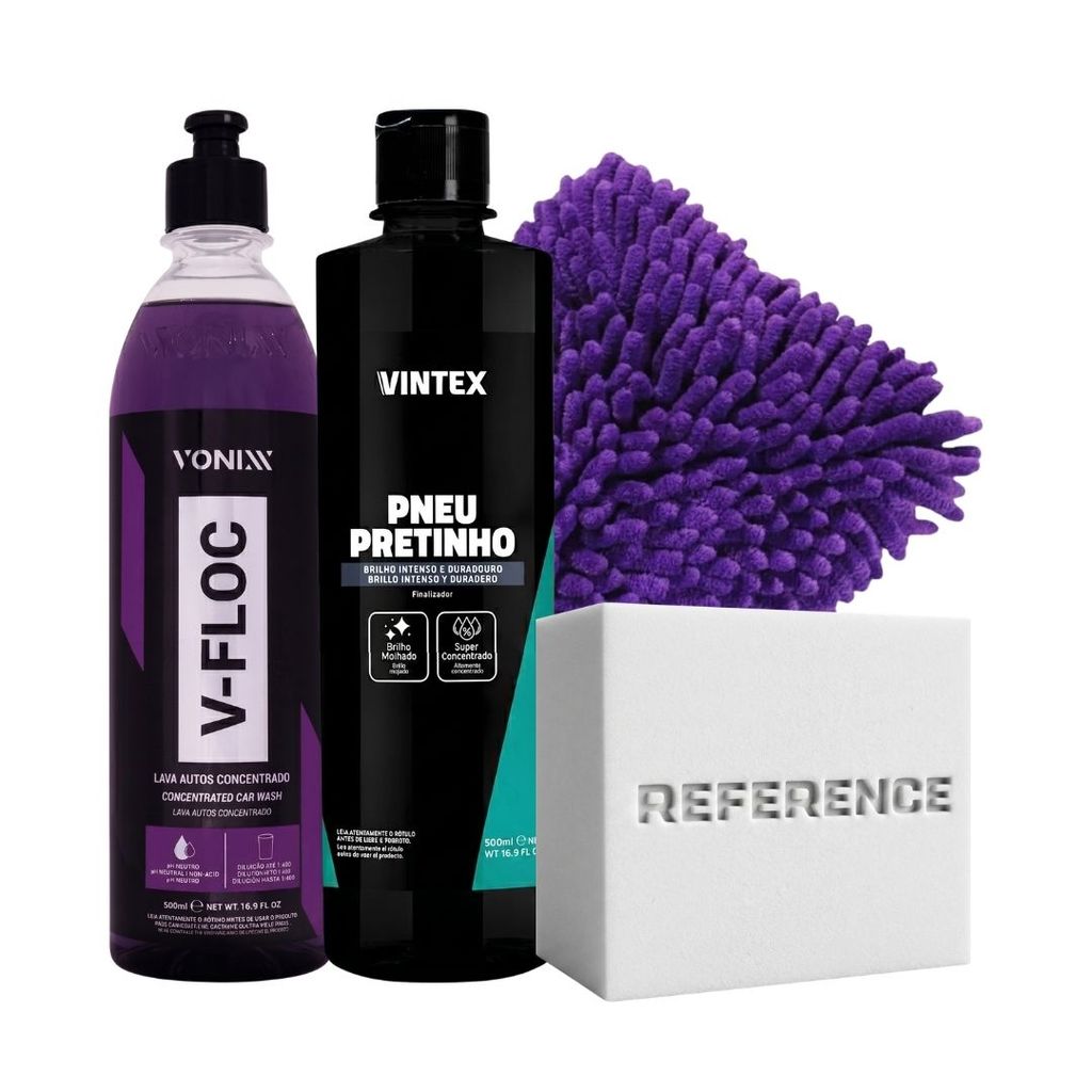 Kit Vonixx V-Floc Shampoo Neutro Vintex Pneu Pretinho Com Luva Microfibra e Aplicador