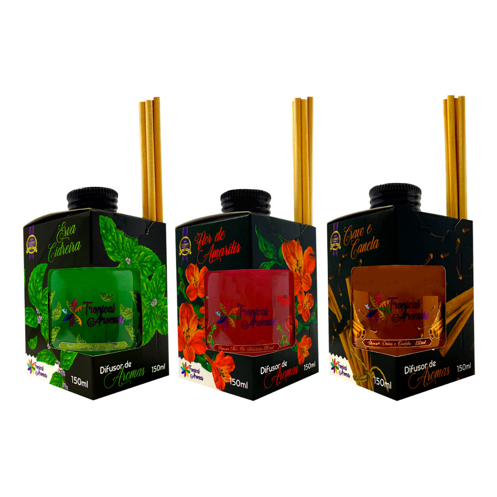 Kit Difusor de Ambiente Black Erva Cidreira + Flor Amarílis + Cravo e Canela 250ml Tropical Aromas