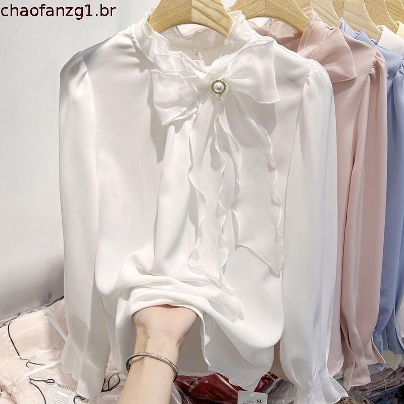 Blusa de Chiffon Elegante de Manga Longa com Gola Alta, Laço de Organza e Detalhes em Pedraria, Cor Sólida, Nova Coleção
