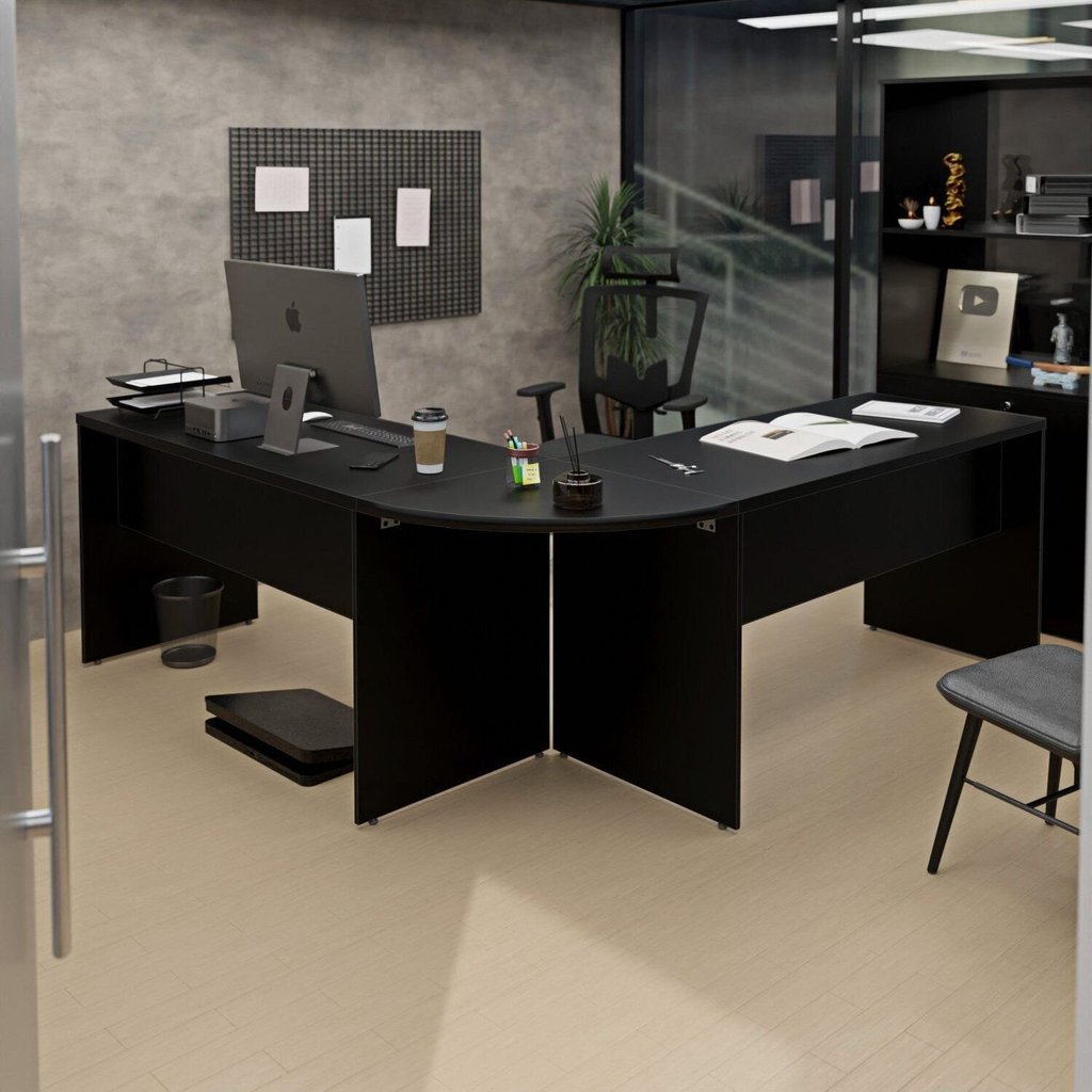 Mesa Escrivaninha em L Canto Arredondado 140cm Preto Preto