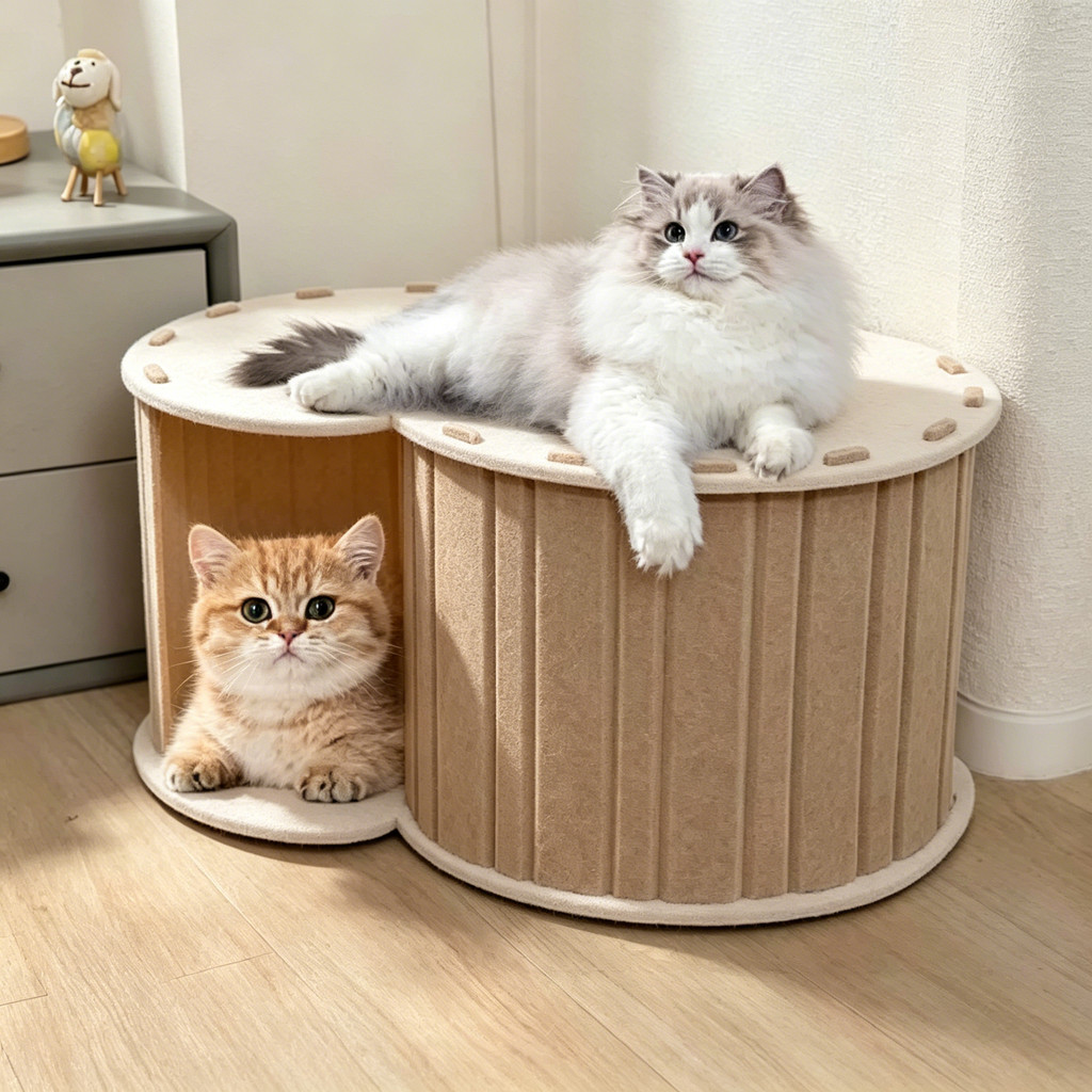 Ninho de Gato em Feltro com Túnel S, Plataforma Extra Grande Desmontável para Diversão e Descanso dos Pets