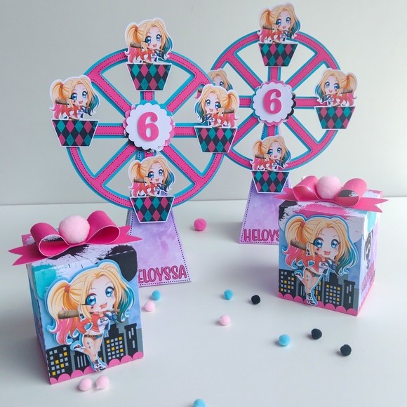 Kit caixinhas lembrancinha personalizada Arlequina Aniversario Festa Infantil